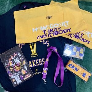 Lakers Playoffs Fan Set with Shirt, Pins, Towels, Bag Shoulder Strap and Lanyard